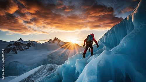 Dynamic ice bridge crossing: mountaineer with vibrant gear against blue glacier sunset atmosphere alpinism skill