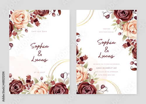 Beige and red rose beautiful wedding invitation card template set with flowers and floral