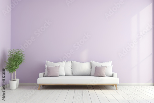 An image of a room with a pastel lavender-colored wall  a sofa and two plants. Copy space