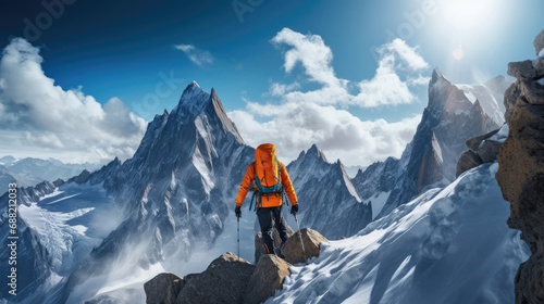 Mountaineer navigates steep rocky ridge with colorful gear against vibrant alpine panorama confident and precise alpinism photo