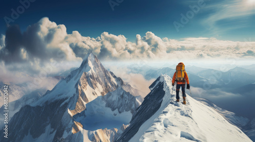 Mountaineer conquering peak in vibrant gear