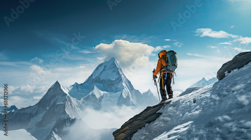 Lone mountaineer triumphs on snowy peak photo