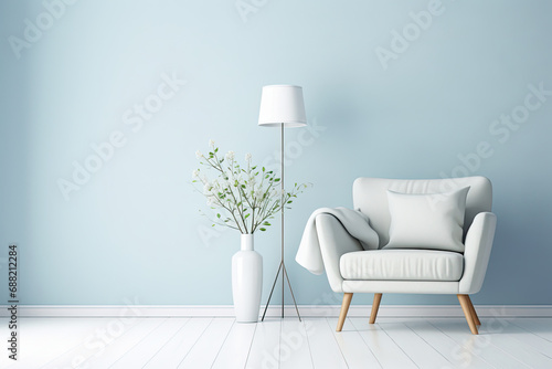 A light pastel blue wall and a white arm-chair, a stand lamp and plants, copy space