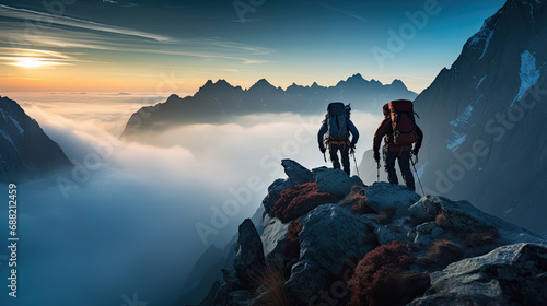 Mountaineers navigate misty alpine valley