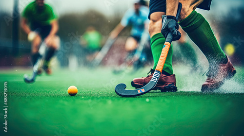 Field hockey player dribbling past defenders on artificial turf photo