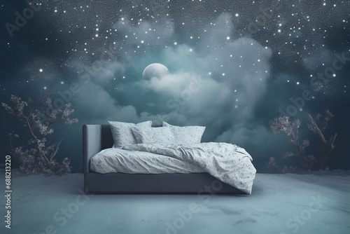 A surreal bedroom scene with a starry night sky and a floating moon above the bed