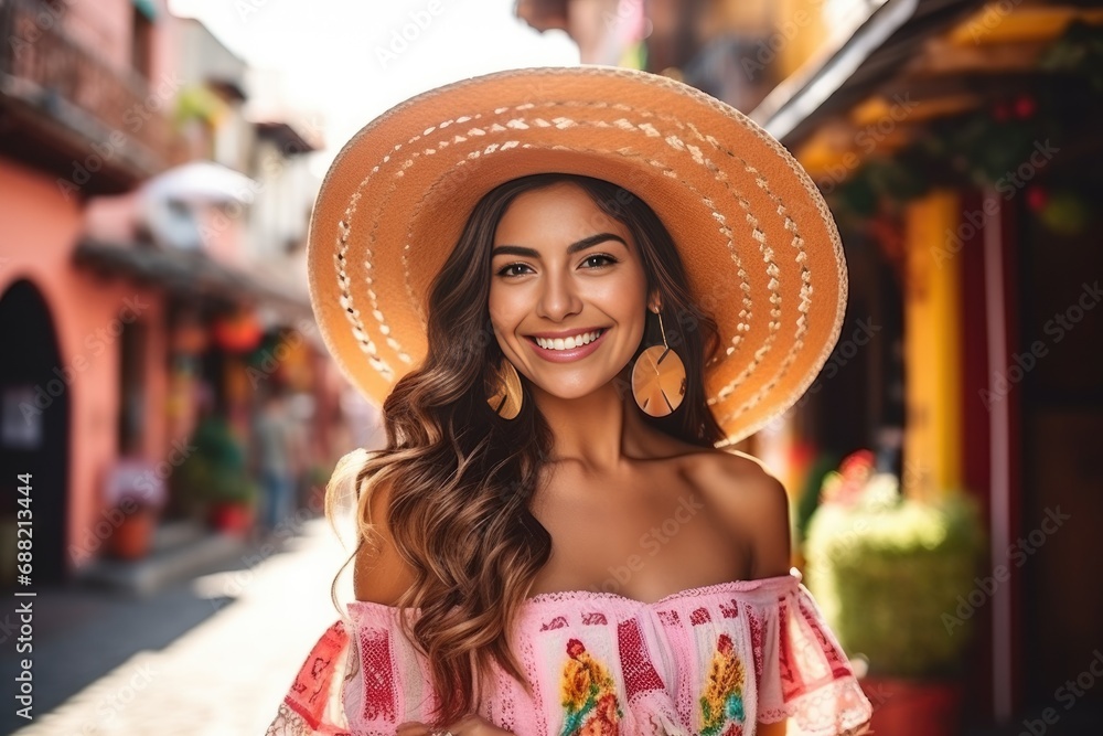 Smiling young hispanic woman wearing a straw hat looking at the camera