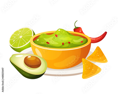 Mexican guacamole dish with nacho chips