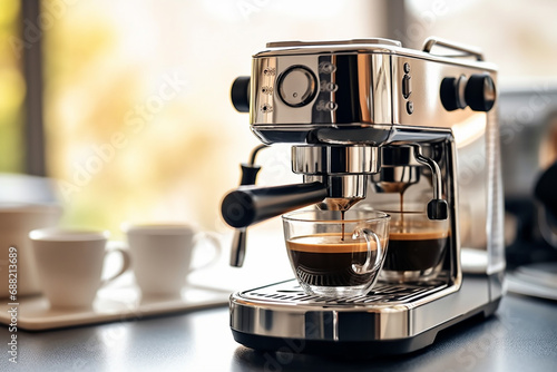 espresso machine making coffee for breakfast photo