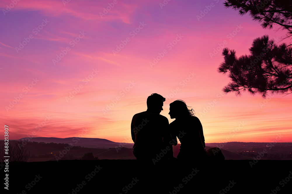 An image of two lovers silhouette, sitting close together overlooking a breathtaking pink sunset.