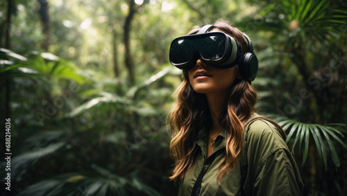 Young woman using the virtual reality headset in the forest. Game technology concept