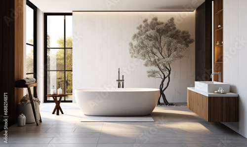 Within a minimalistic bathroom setting  there s a modern white tub.