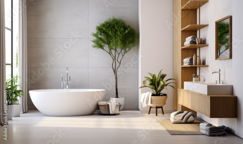 In a minimalist bathroom interior, there's a contemporary white tub. © Vladyslav