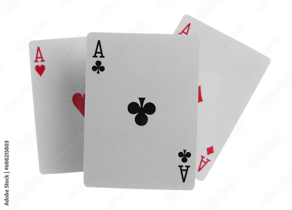 Obraz premium Flying playing card for poker and gambling, three aces isolated on white, clipping path