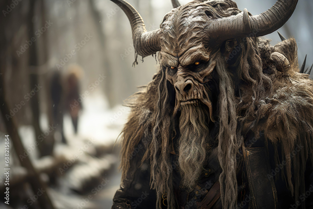 Krampus portrait. Krampus with horns walking in the winter forest. Krampus is a Christmas Devil or a Yule Lord.