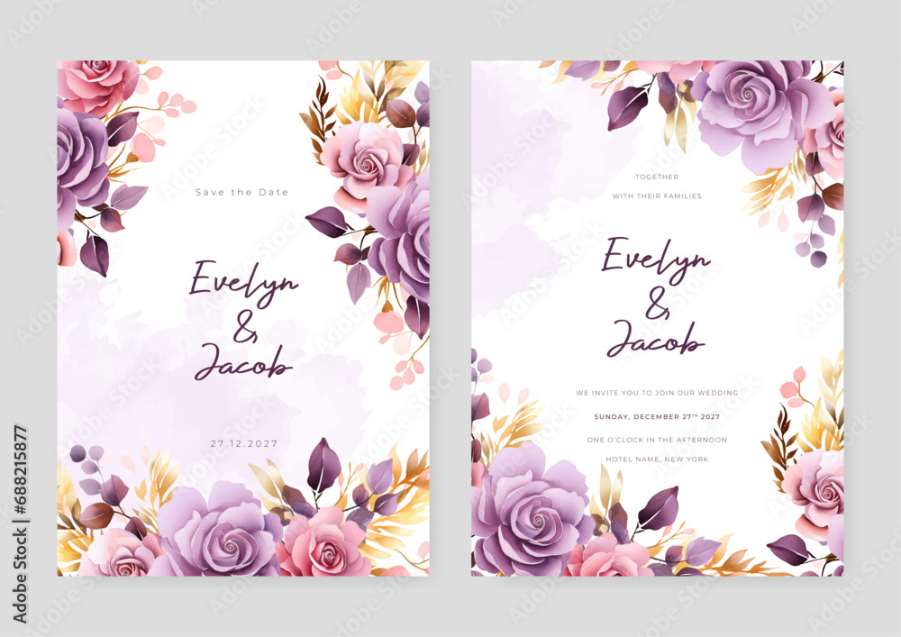 Pink and purple violet rose luxury wedding invitation with golden line art flower and botanical leaves, shapes, watercolor