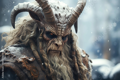 Krampus portrait. Krampus with horns walking in the winter forest. Krampus is a Christmas Devil or a Yule Lord. © DRasa