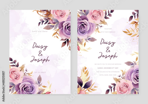 Pink and purple violet rose artistic wedding invitation card template set with flower decorations photo