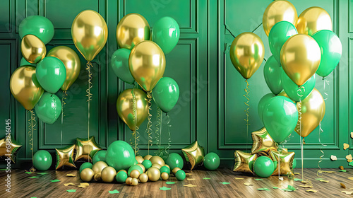 Festive air, Green and gold balloons backdrop a celebratory scene, creating a lively atmosphere for St. Patricks Day photo shoots with dynamic colors.