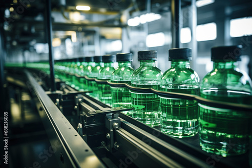 Liquid production conveyor glass bottles modern production line. Blurred background. Selective focus. Bottling plant production process essential goods. Factory for manufacturing of pure water supply