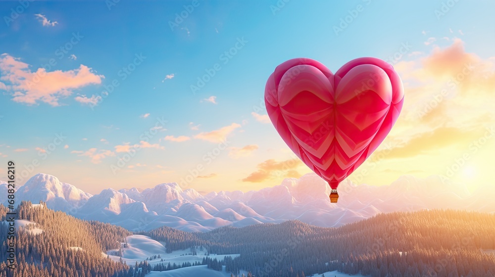 Fototapeta premium a heart-shaped balloon against a backdrop of distant mountains, creating a captivating visual narrative with a romantic theme