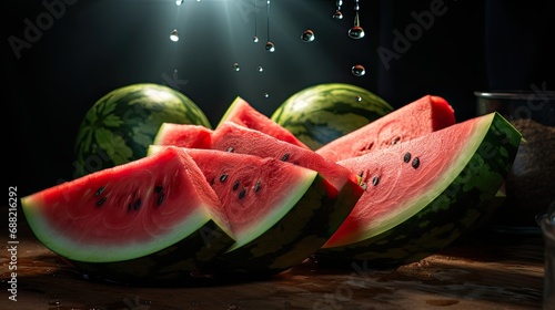 cutaway watermelon, soft diffused light is used to highlight the juicy details of the watermelon.