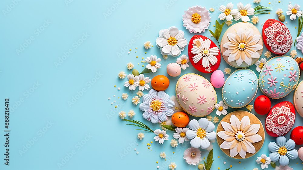 Lots of flowers and colorful Easter eggs on a light blue background with copy space.