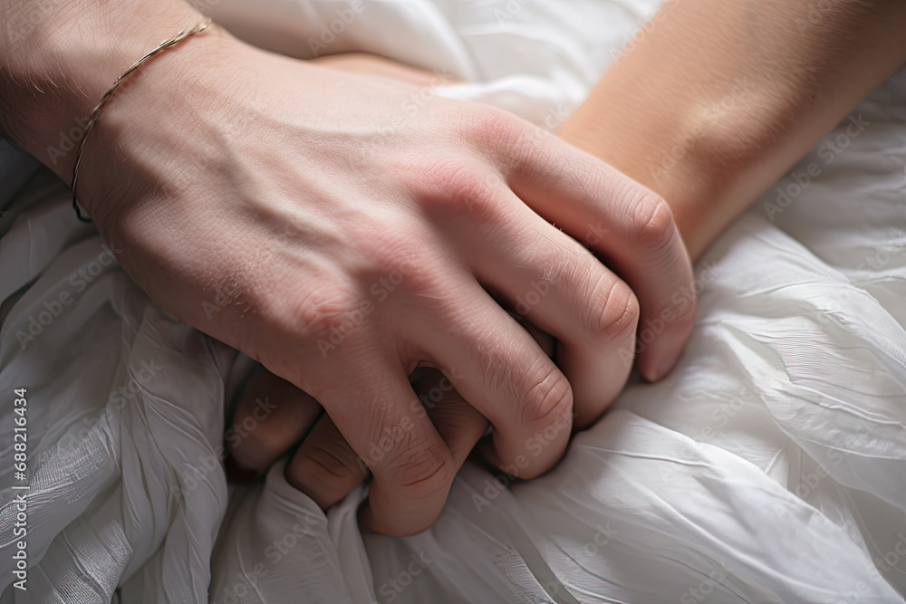 An intimate close-up of a male and female hand holding each other. An intimate close-up of a male and female hand holding each other.