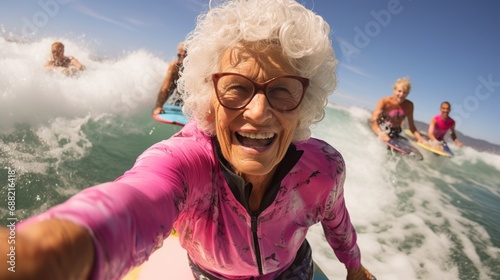 laughing happy gray-haired old woman 80 years old in a pink swimsuit surfing on a board and taking a selfie, baby boomer actively spending time on the sea beach, high quality photo