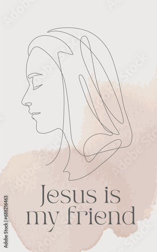Religious inspirational card or poster with biblical quotes and praying woman, Line Art Illustration. Blush pink
