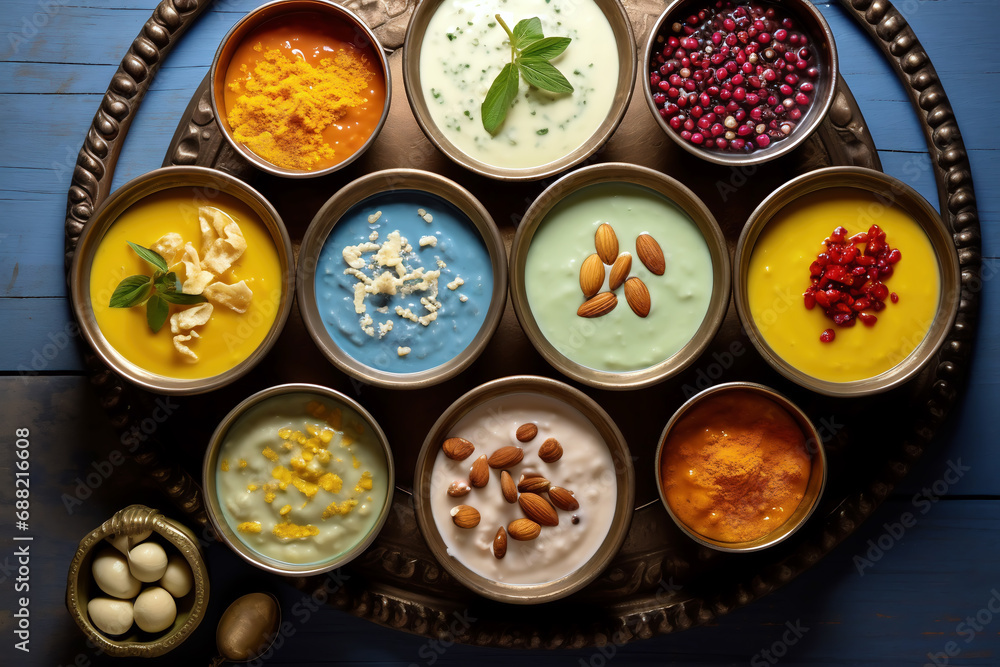 Indian festival food in small bowls, view from the top, generative ai Indian festival food in small bowls, view from the top, generative ai