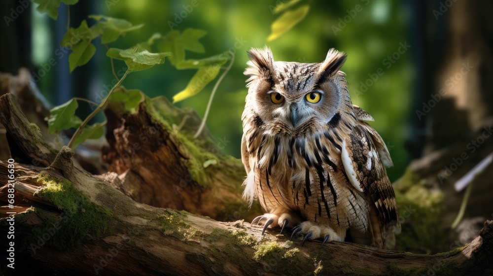 An owl hiding in the forest uses natural elements such as branches and foliage to hide its presence. An owl hiding in the forest uses natural elements such as branches and foliage to hide its presence.