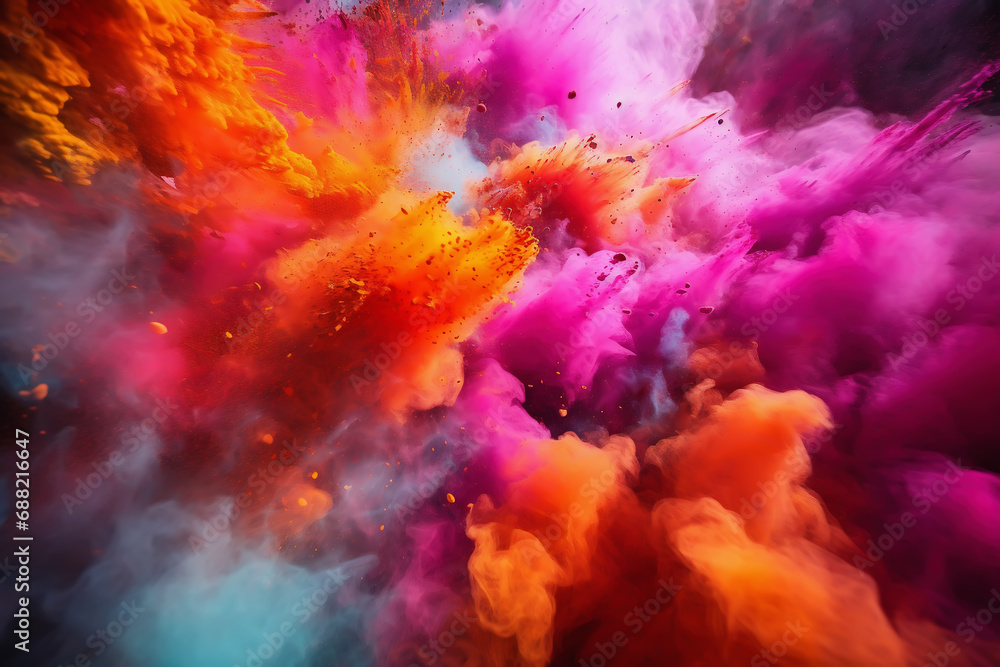 Burst of colors, vibrant colorful powder splashes close-up, abstract background, ai generated