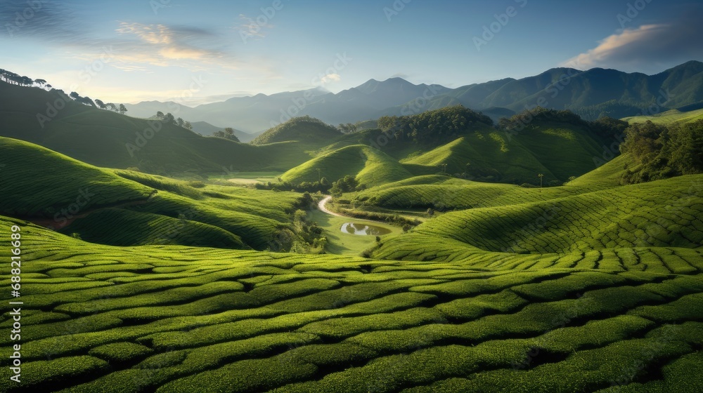 tea plantation or field, landscape during golden hours - shortly after sunrise or before sunset.