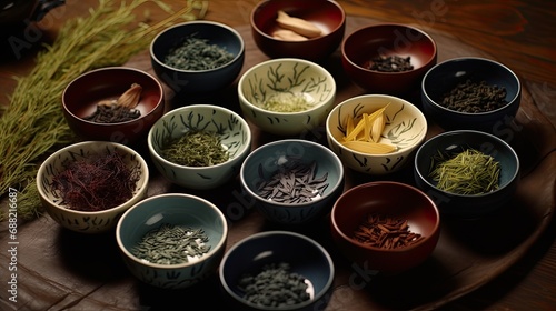 dry tea in ceramic cups, the characteristics of each type of tea, emphasizing the uniqueness of the leaves or blends.