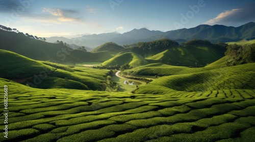 tea plantation or field, landscape during golden hours - shortly after sunrise or before sunset.