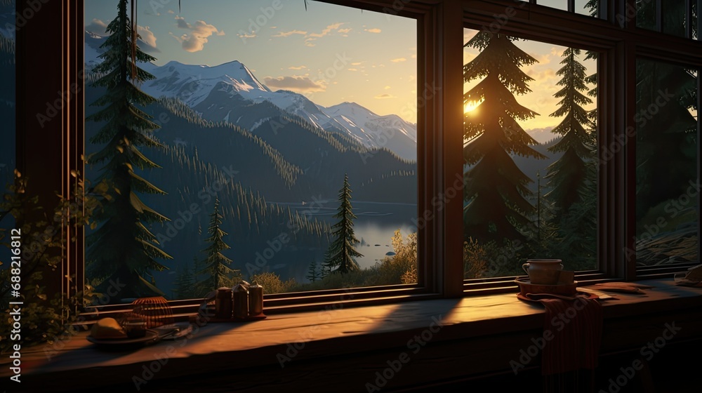 view from the window of the house to the expanses of spruce forest and mountains, view from the window of the house to the expanses of spruce forest and mountains,