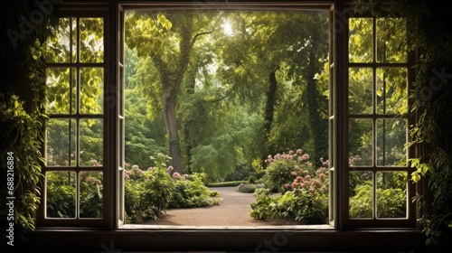 view of the garden through the window frame as a natural border to frame the view of the garden.