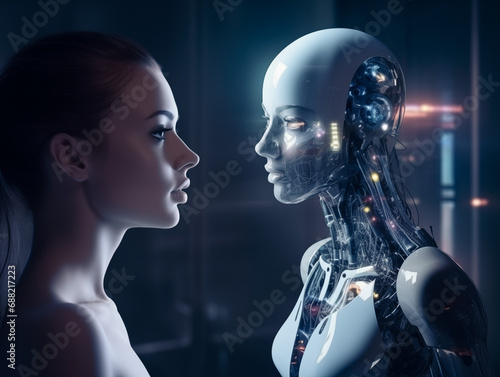 young beautiful girl with an android robot. Girl with futuristic robot