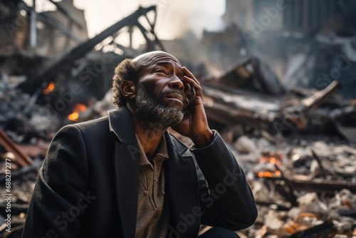 African-American man crying looking at ruins of bombed destroyed house building lost his family relatives due to war conflict area. Effect from war humanity mankind loss and waste big loss concept.