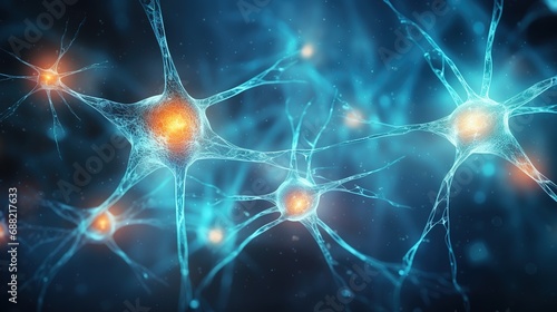 Active nerve cells. Neuronal network with electrical activity of neuron cells. Neuroscience, neurology, brain activity, nervous system and impulse, microbiology concepts.  #688217633