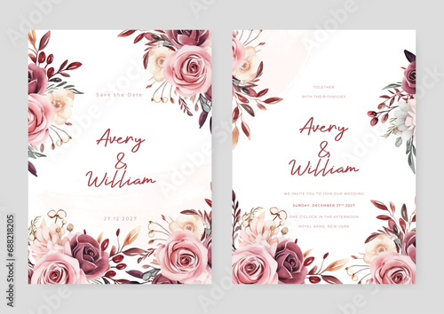 Pink and red rose elegant wedding invitation card template with watercolor floral and leaves