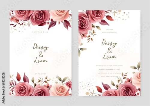 Pink and red rose modern wedding invitation template with floral and flower