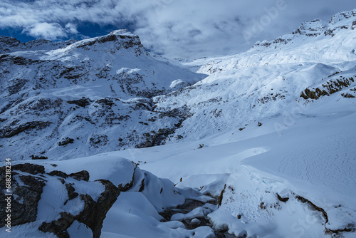 The snowy peaks of Val Mesolcina, near the town of San Bernardino, Ticino, Switzerland - November 18, 2023. photo