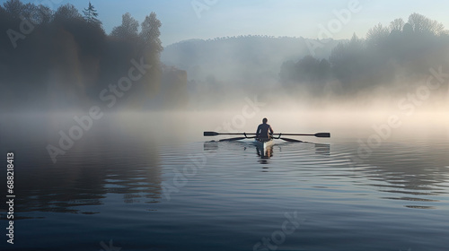 Rowers on mist-covered lake vibrant jerseys mysterious atmosphere