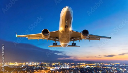 Airplane In Flight At Twilight With Blurred Cityscape