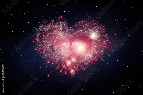 A fireworks bursting in the shape of a heart. Copy space