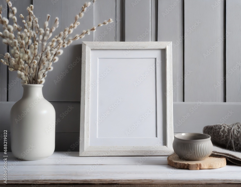 Mockup photo frame scandinavian style on wooden table, minimalistic interior Mockup photo frame scandinavian style on wooden table, minimalistic interior
