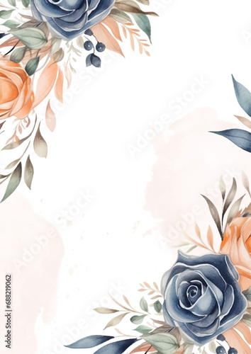 Peach white and blue watercolor hand painted background template for Invitation with flora and flower