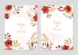 Brown and red cosmos luxury wedding invitation with golden line art flower and botanical leaves, shapes, watercolor